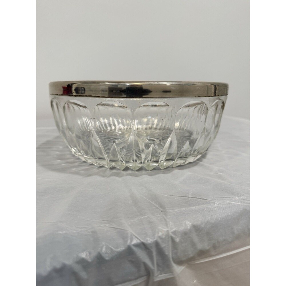 Vintage Cut Glass Bowl Silverplate Rim Starburst Pattern Candy Nut Dish
